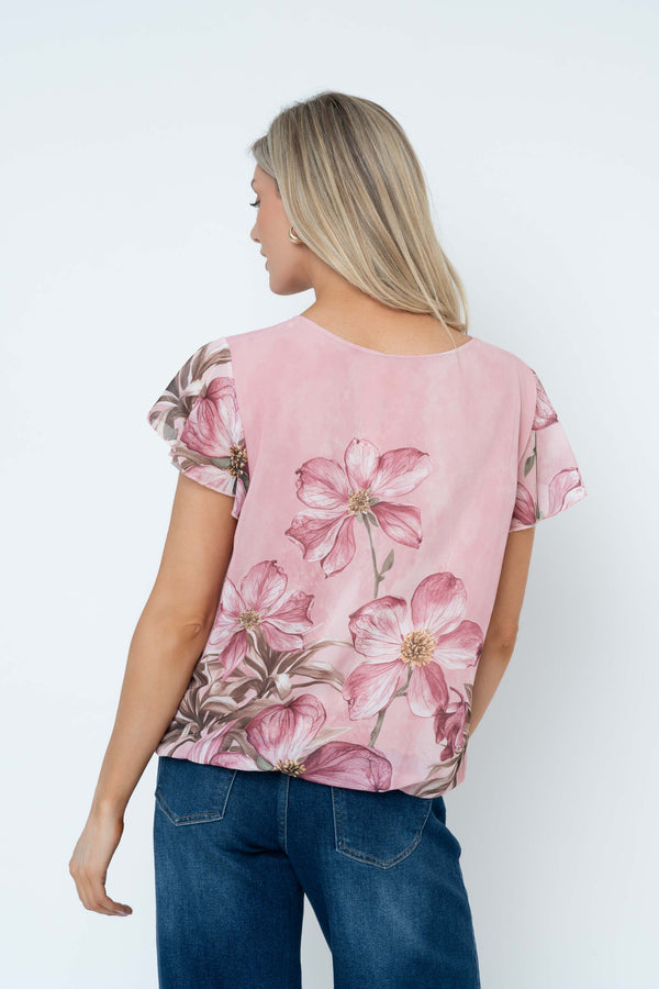 Carraig Donn Pink Floral Print Short Sleeve Blouse With Tie Neck