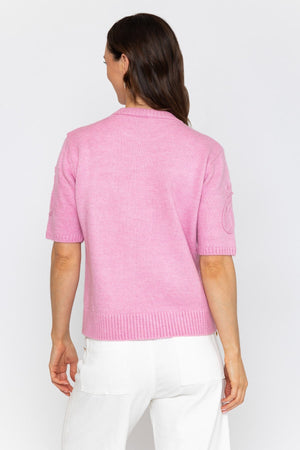 Carraig Donn Pink Floral Stitch Short Sleeve Knit Top