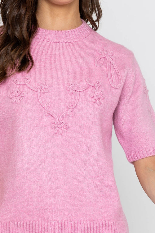 Carraig Donn Pink Floral Stitch Short Sleeve Knit Top