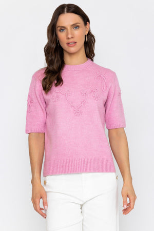 Carraig Donn Pink Floral Stitch Short Sleeve Knit Top