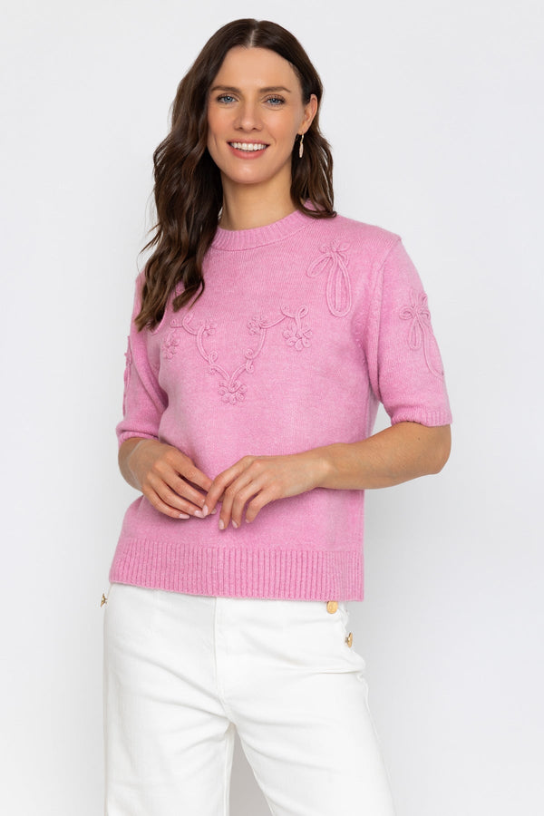 Carraig Donn Pink Floral Stitch Short Sleeve Knit Top