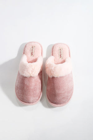 Carraig Donn Pink Fur Trim & Velour Mule Slippers
