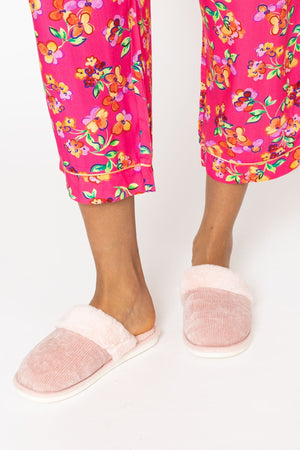 Carraig Donn Pink Fur Trim & Velour Mule Slippers