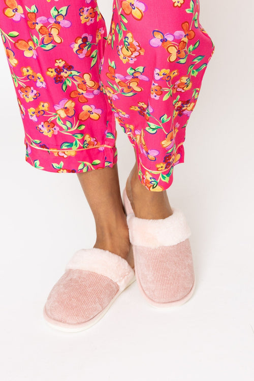 Pink Fur Trim & Velour Mule Slippers