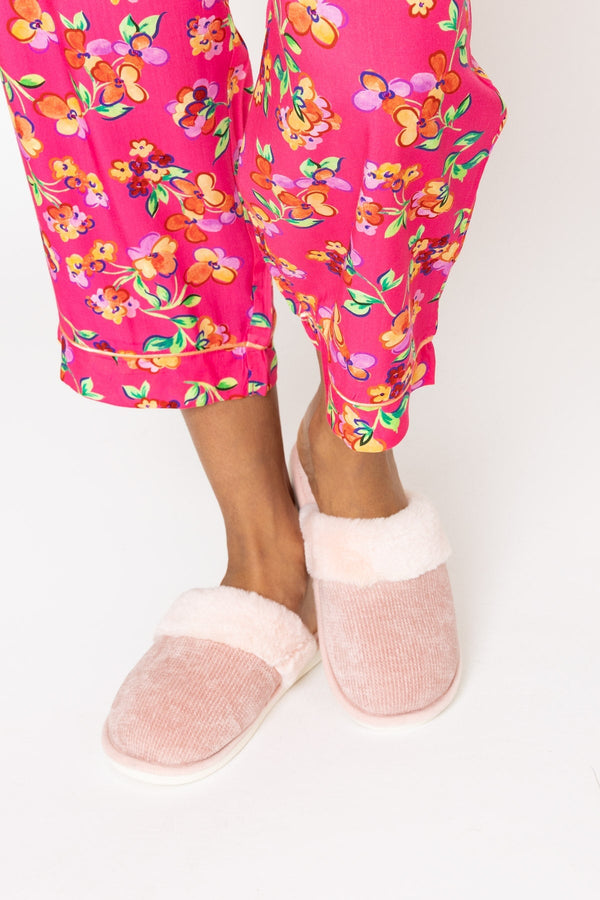 Carraig Donn Pink Fur Trim & Velour Mule Slippers