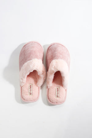 Carraig Donn Pink Fur Trim & Velour Mule Slippers