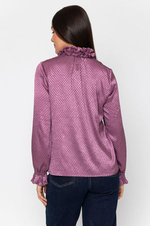 Carraig Donn Pink Jacquard Satin Ruffle Hem Long Sleeve Blouse