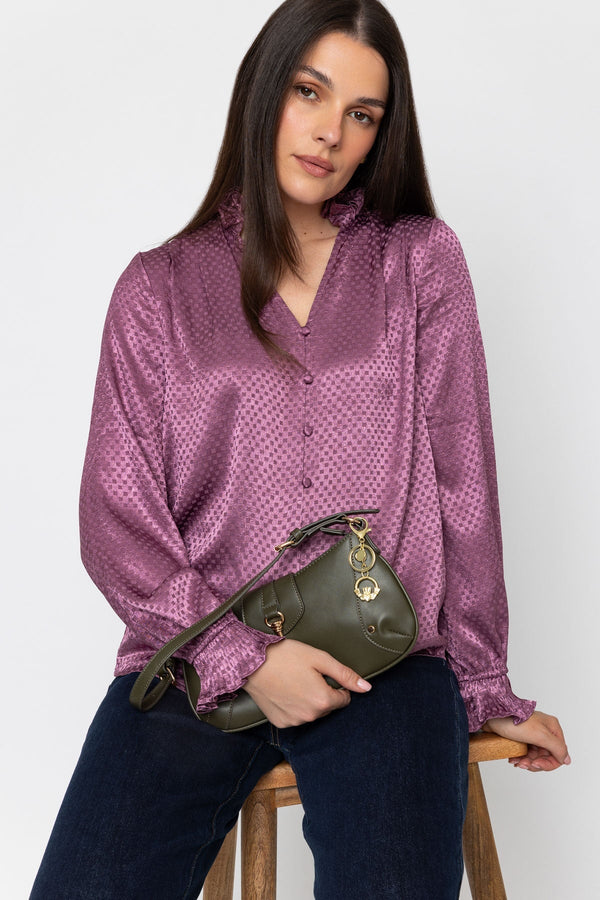 Carraig Donn Pink Jacquard Satin Ruffle Hem Long Sleeve Blouse