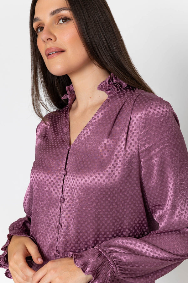 Carraig Donn Pink Jacquard Satin Ruffle Hem Long Sleeve Blouse