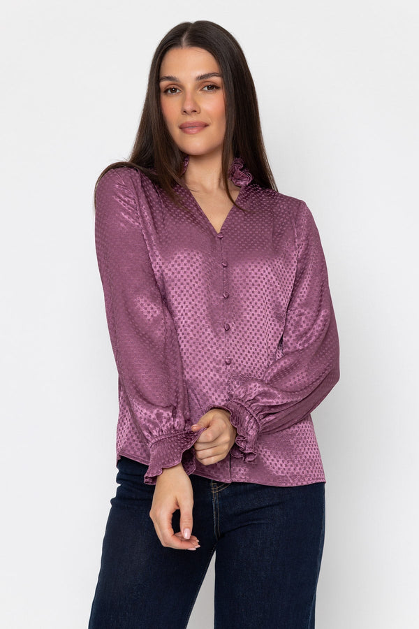 Carraig Donn Pink Jacquard Satin Ruffle Hem Long Sleeve Blouse