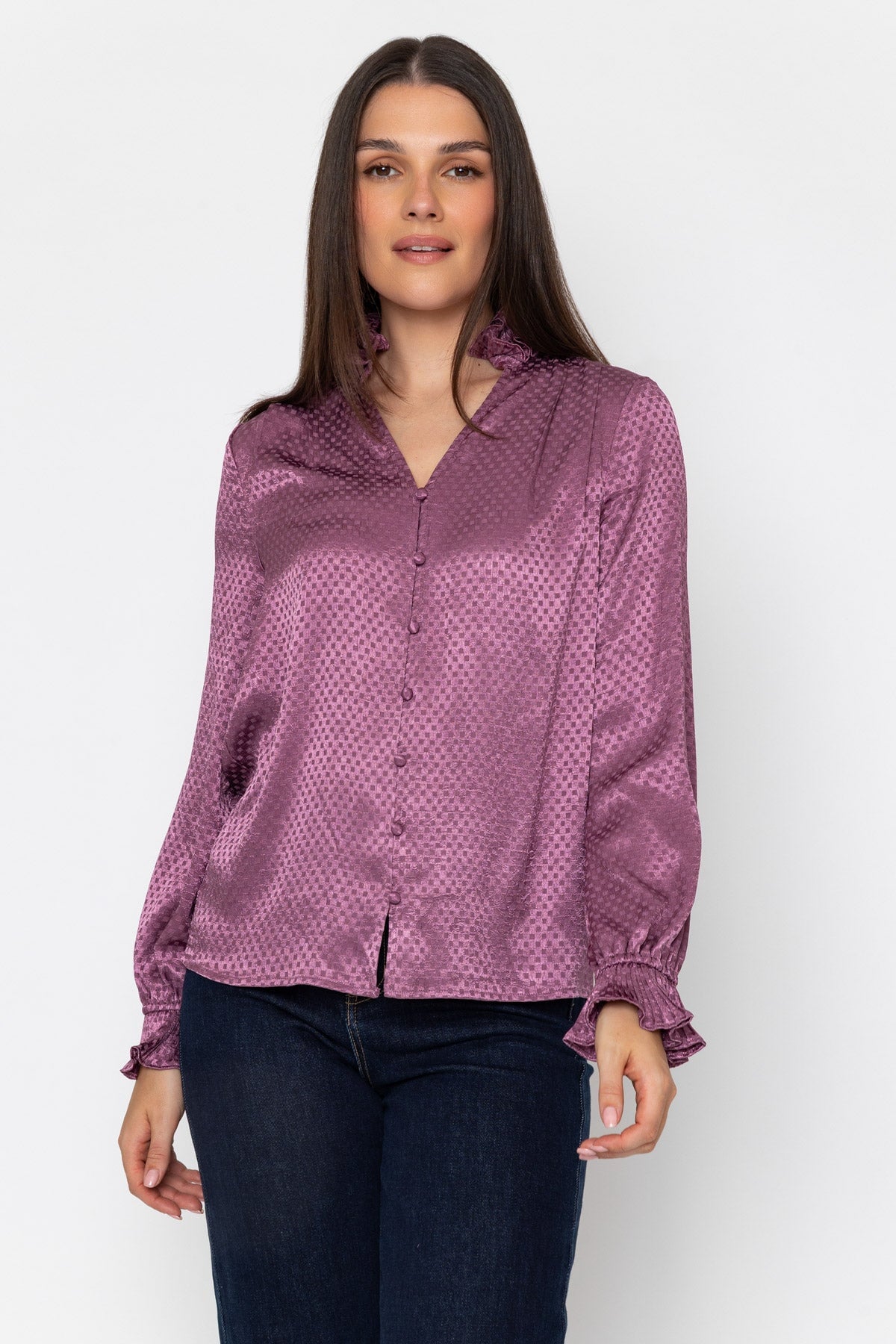 Pink Jacquard Satin Ruffle Hem Long Sleeve Blouse