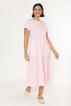 Carraig Donn Pink Jersey Tiered A-Line Short Sleeve Midi Dress