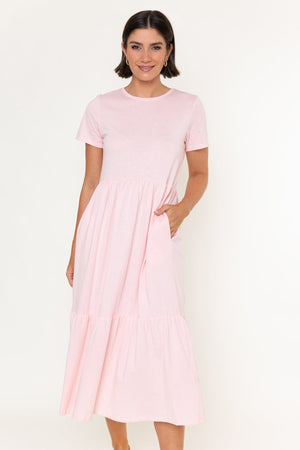 Carraig Donn Pink Jersey Tiered A-Line Short Sleeve Midi Dress