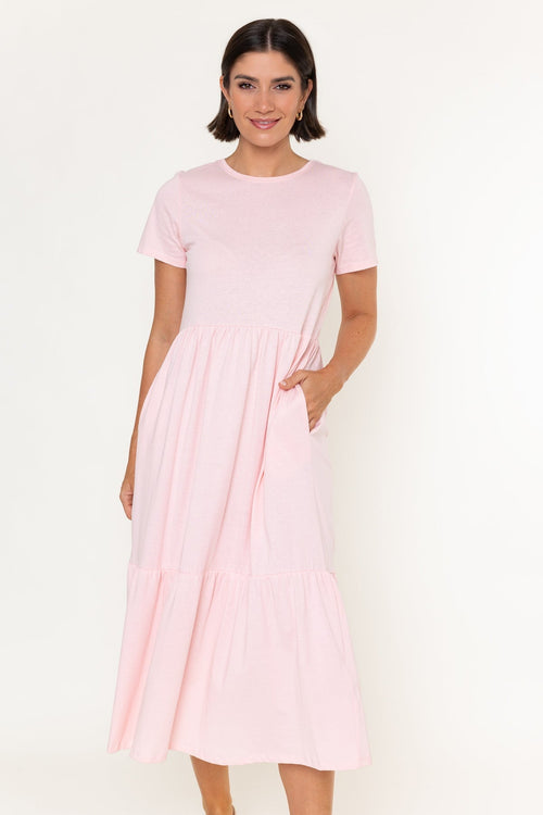 Pink Jersey Tiered A-Line Short Sleeve Midi Dress