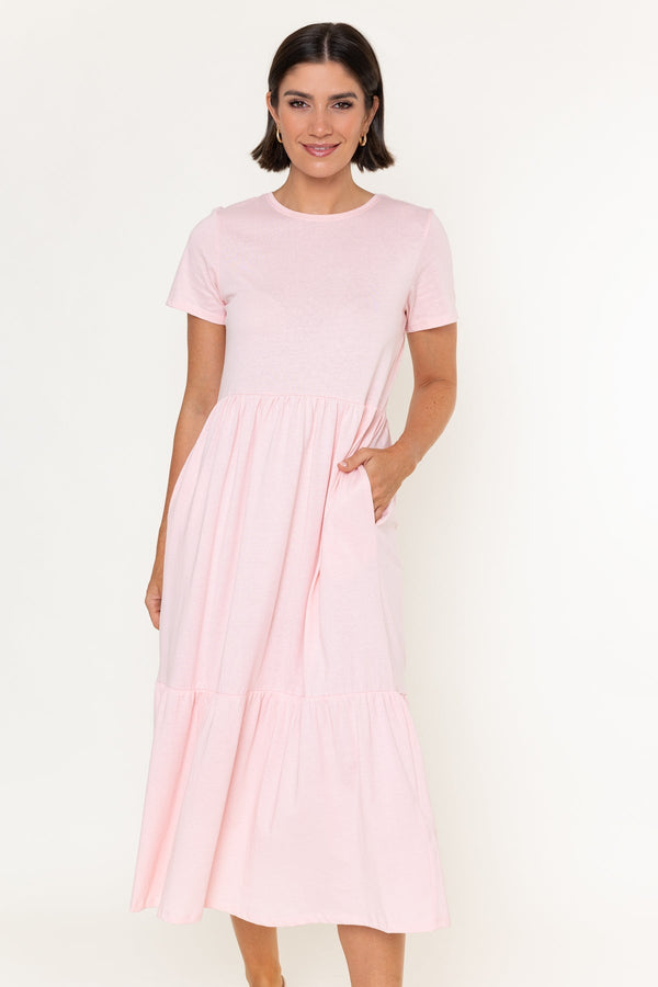 Carraig Donn Pink Jersey Tiered A-Line Short Sleeve Midi Dress