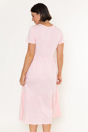Carraig Donn Pink Jersey Tiered A-Line Short Sleeve Midi Dress