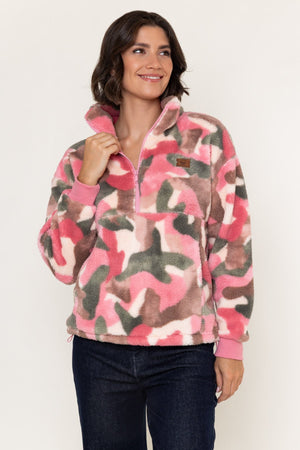 Carraig Donn Pink & Khaki Print Bonded Sherpa Half Zip Fleece
