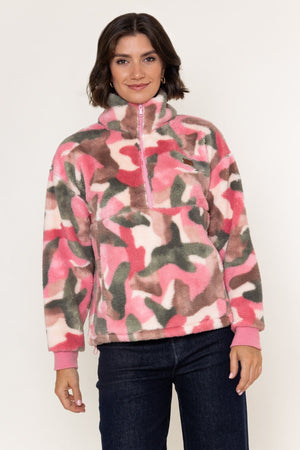 Carraig Donn Pink & Khaki Print Bonded Sherpa Half Zip Fleece
