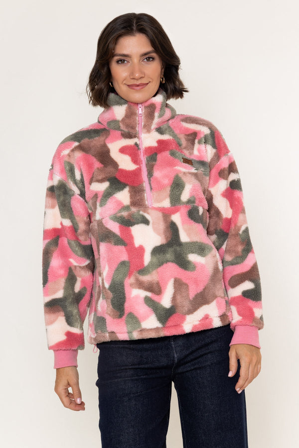 Carraig Donn Pink & Khaki Print Bonded Sherpa Half Zip Fleece