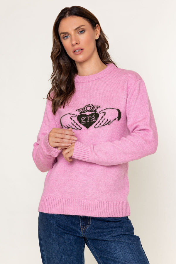 Carraig Donn Pink Knit Claddagh Print Crew Neck Jumper