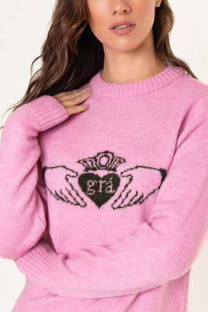 Carraig Donn Pink Knit Claddagh Print Crew Neck Jumper