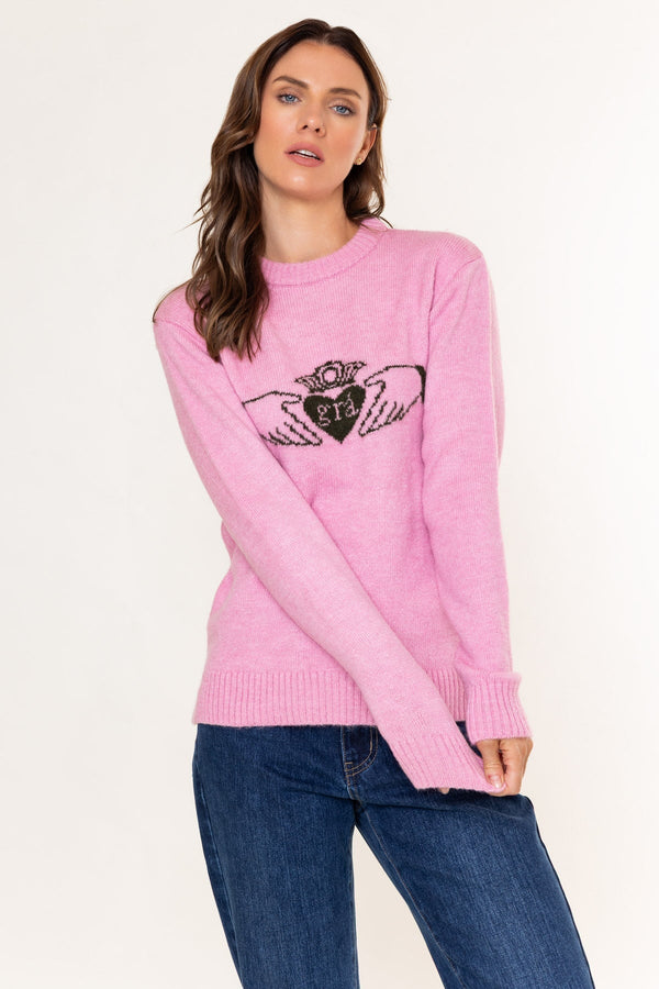 Carraig Donn Pink Knit Claddagh Print Crew Neck Jumper