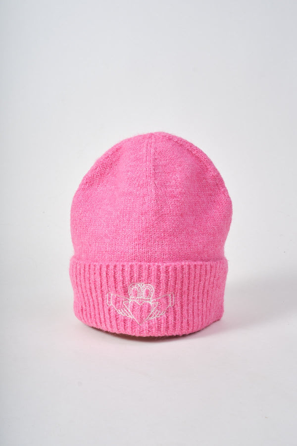 Carraig Donn Pink Knit White Embroidered Claddagh Design Hat