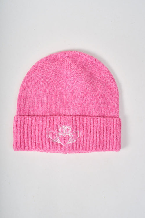 Pink Knit White Embroidered Claddagh Design Hat