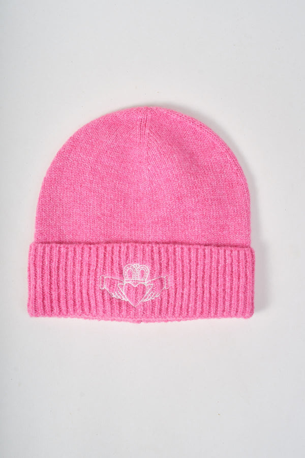 Carraig Donn Pink Knit White Embroidered Claddagh Design Hat