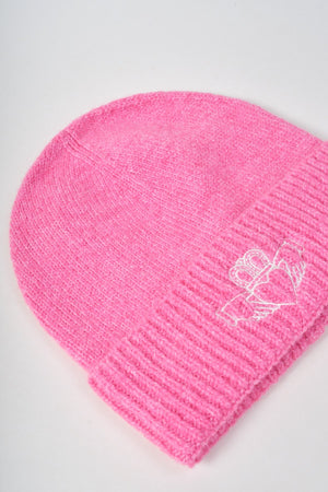 Carraig Donn Pink Knit White Embroidered Claddagh Design Hat