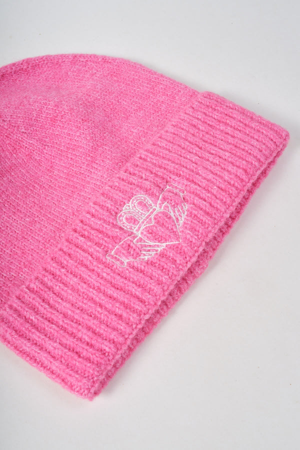 Carraig Donn Pink Knit White Embroidered Claddagh Design Hat