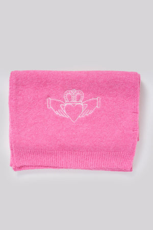 Carraig Donn Pink Knit White Embroidered Claddagh Design Scarf