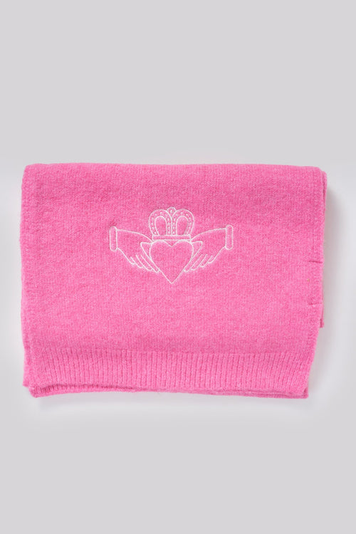 Pink Knit White Embroidered Claddagh Design Scarf