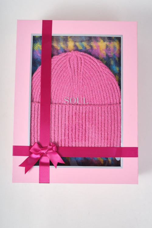 Pink Knitted Beanie & Multicolour Tartan Scarf Gift Set