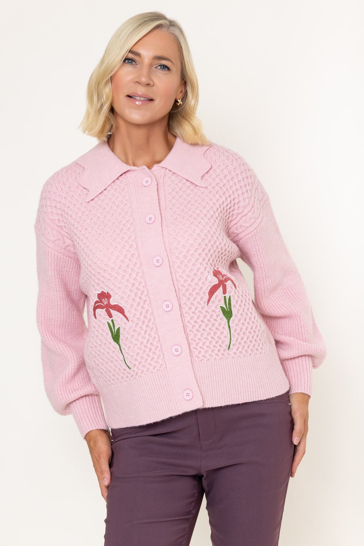 Pink Knitted Embroidered Flower Long Sleeve Cardigan