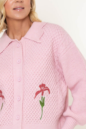 Carraig Donn Pink Knitted Embroidered Flower Long Sleeve Cardigan