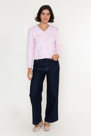 Carraig Donn Pink Knitted Floral Applique V-Neck Long Sleeve Cardigan