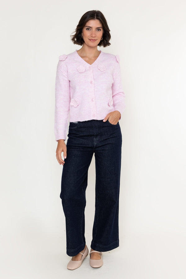 Carraig Donn Pink Knitted Floral Applique V-Neck Long Sleeve Cardigan