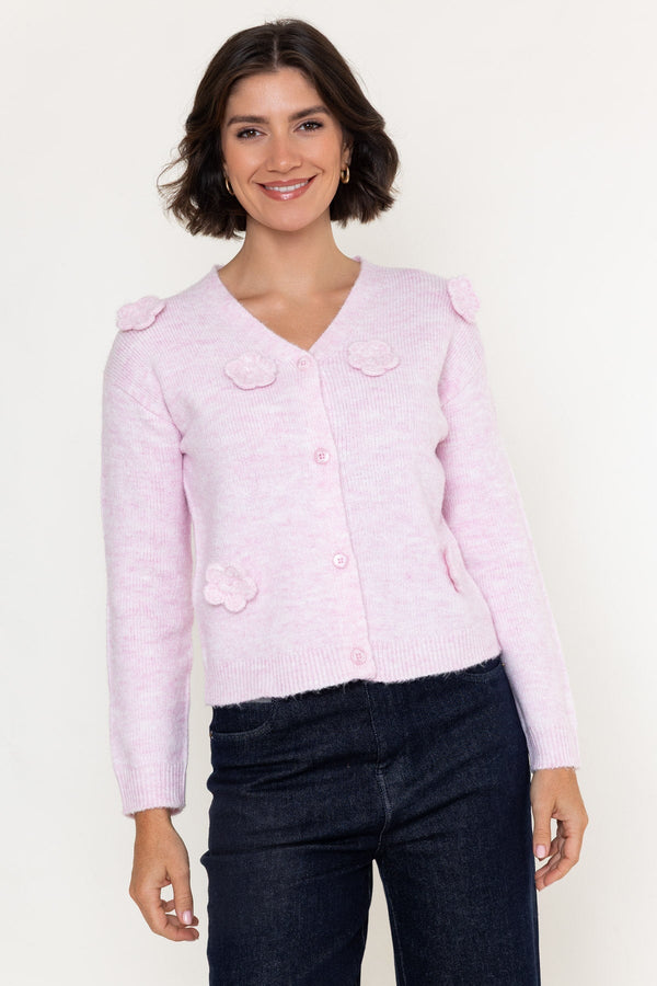 Carraig Donn Pink Knitted Floral Applique V-Neck Long Sleeve Cardigan