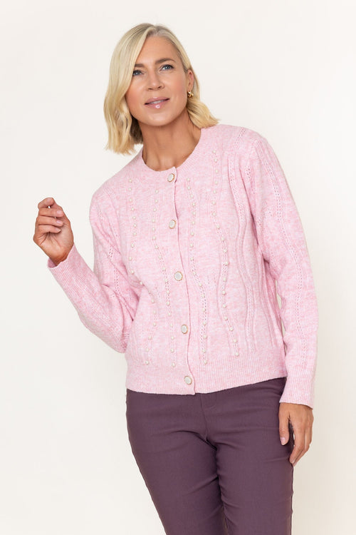 Pink Knitted Pearl Detail Long Sleeve Cardigan