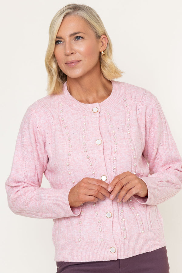 Carraig Donn Pink Knitted Pearl Detail Long Sleeve Cardigan