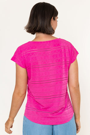 Carraig Donn Pink Laser Cut Round Neck Cap Sleeve Top