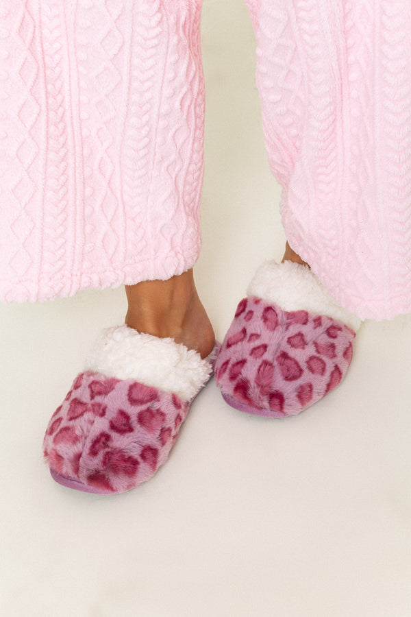 Carraig Donn Pink Leopard Print Faux Fur Mule Slippers
