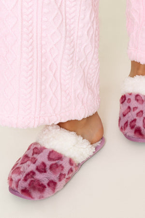 Carraig Donn Pink Leopard Print Faux Fur Mule Slippers