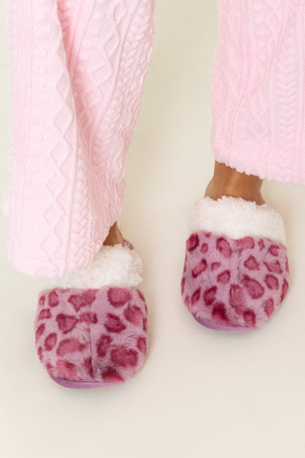Carraig Donn Pink Leopard Print Faux Fur Mule Slippers