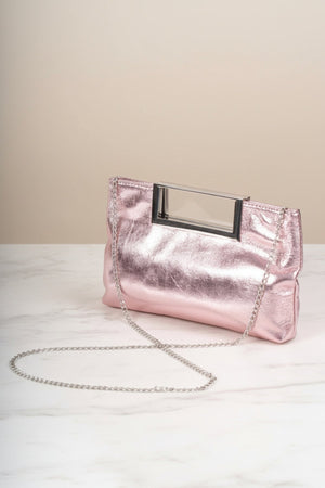 Carraig Donn Pink Metallic Faux Leather Frame Handle Rectangle Clutch Bag