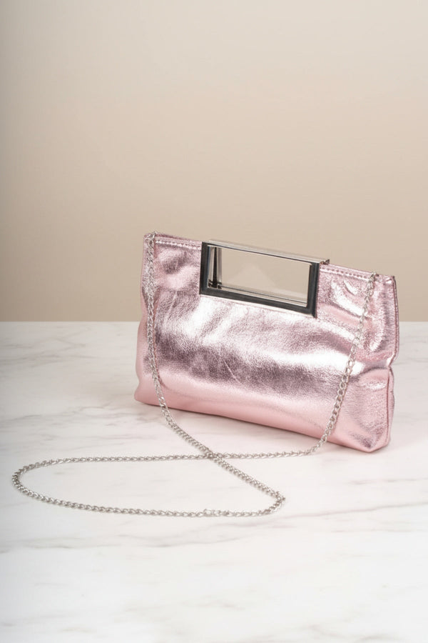 Carraig Donn Pink Metallic Faux Leather Frame Handle Rectangle Clutch Bag