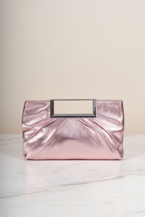 Pink Metallic Faux Leather Frame Handle Rectangle Clutch Bag