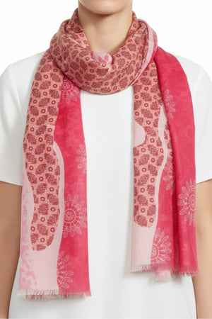 Carraig Donn Pink Mixed Pattern Print Cotton & Viscose Blend Scarf