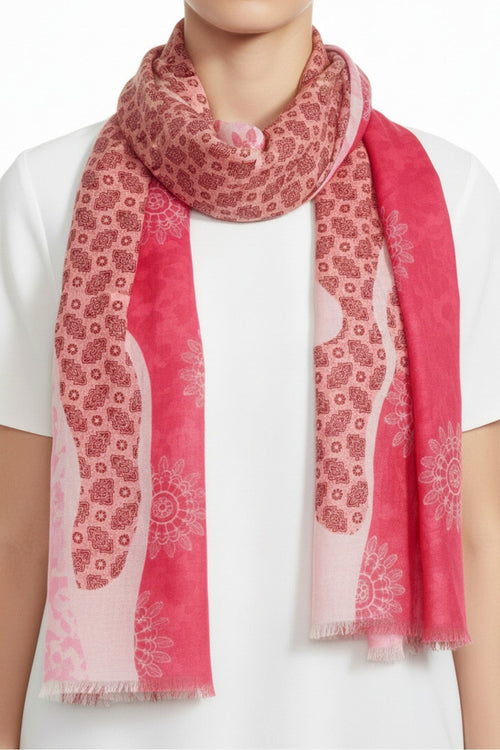 Pink Mixed Pattern Print Cotton & Viscose Blend Scarf